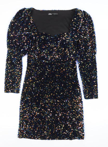 ZARA Womens Black Sequin Bodycon Mini Dress XS Party Cocktail Puff Sleeve