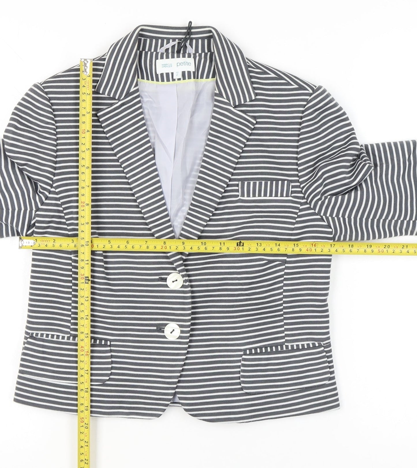 Marks and Spencer Women Grey Petite Size 12 Striped Suit Jacket