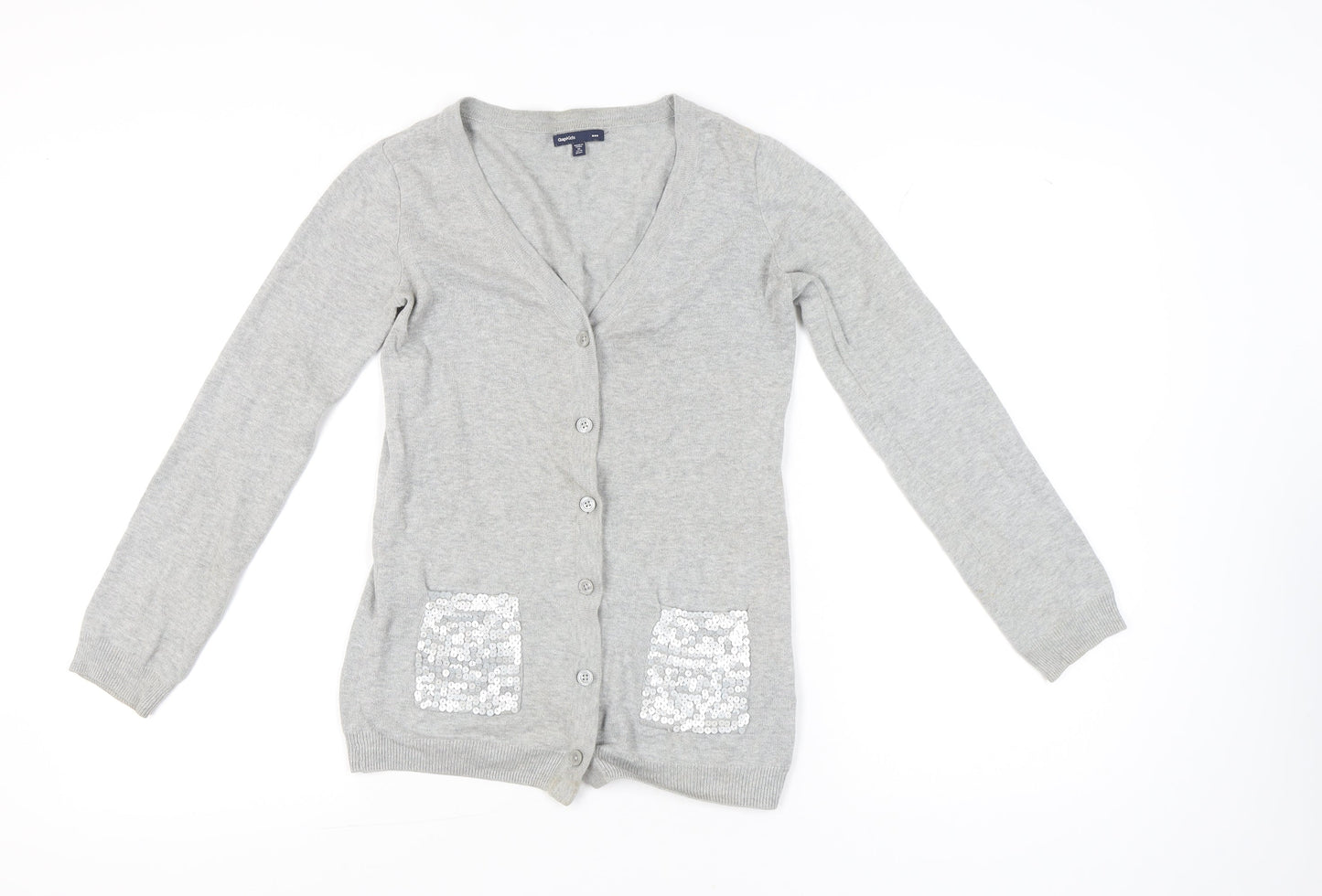 Gap Kids Teens Grey Cotton Sequin Pocket V-Neck Cardigan Size 14