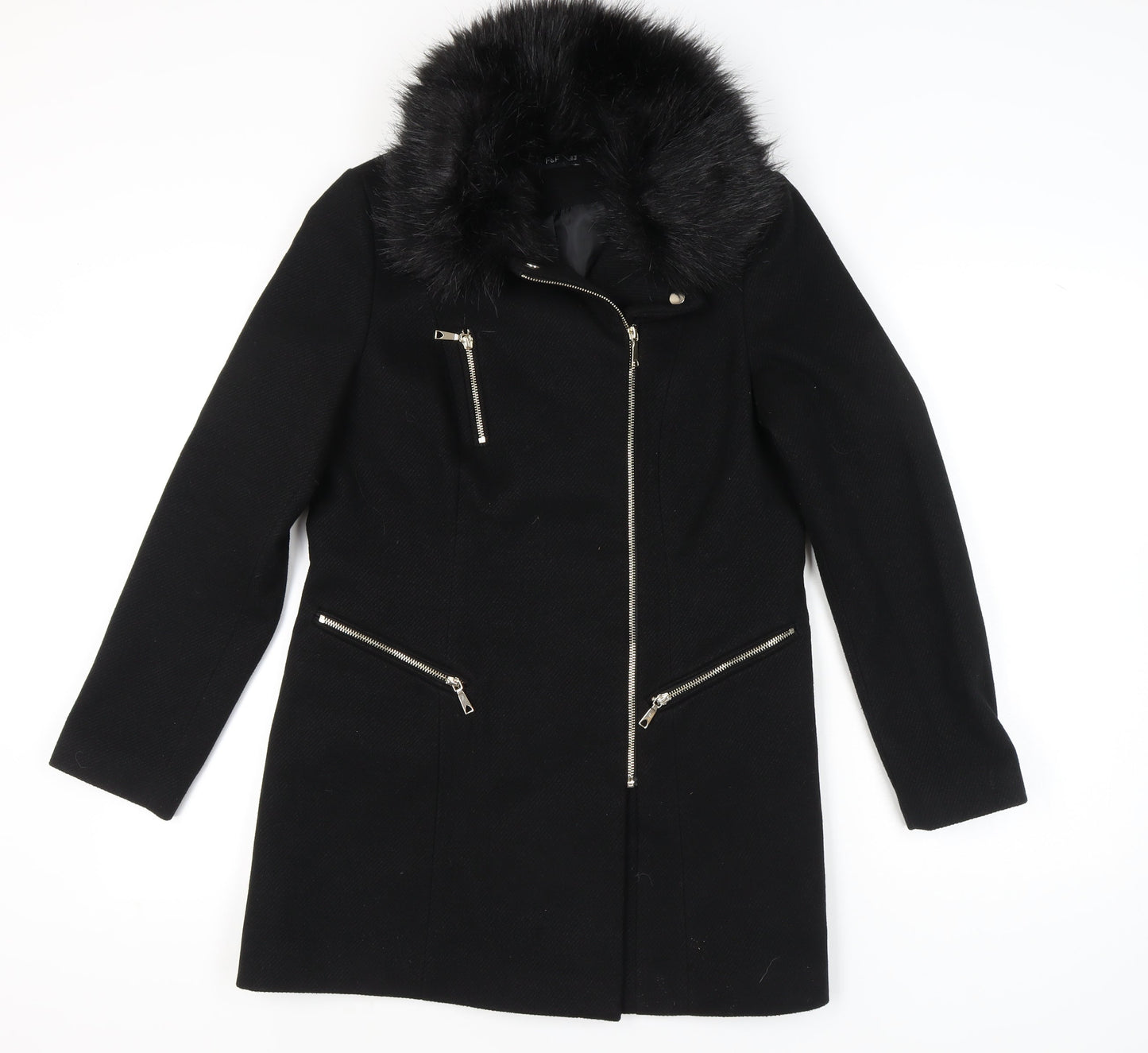 F&F Women’s Black Faux Fur Trim Hooded Zip Detail Mid-Length Coat UK 10