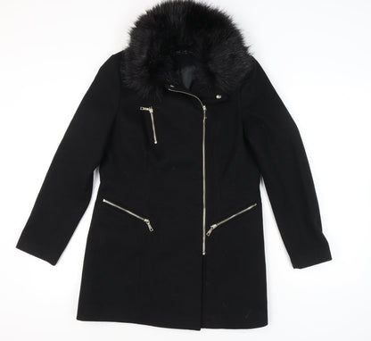 F&F Women’s Black Faux Fur Trim Hooded Zip Detail Mid-Length Coat UK 10