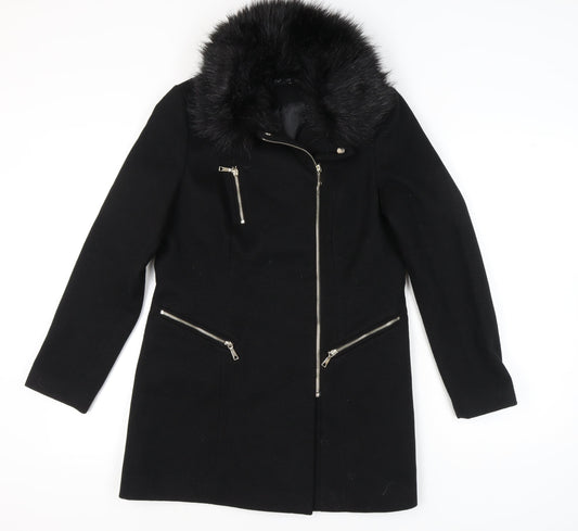 F&F Women’s Black Faux Fur Trim Hooded Zip Detail Mid-Length Coat UK 10
