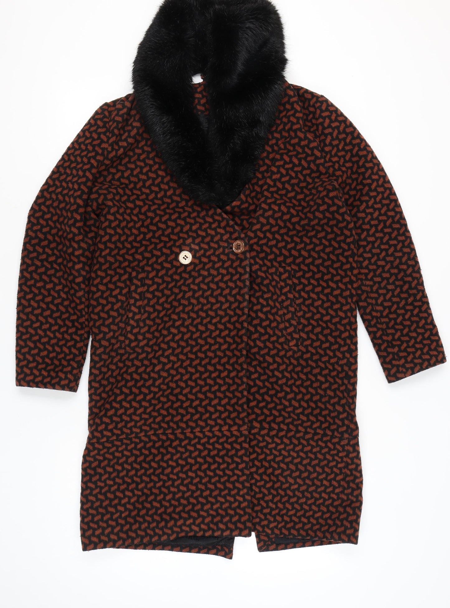 Biba Women's Brown Black Geometric Long Overcoat Size 14 Faux Fur Collar
