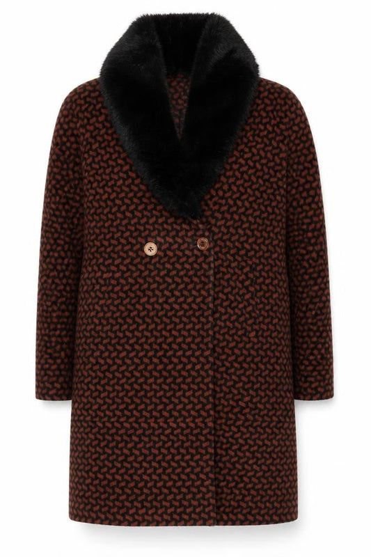 Biba Women's Brown Black Geometric Long Overcoat Size 14 Faux Fur Collar