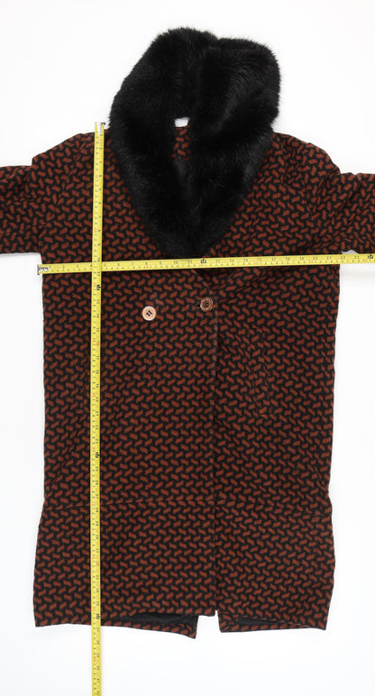 Biba Women's Brown Black Geometric Long Overcoat Size 14 Faux Fur Collar