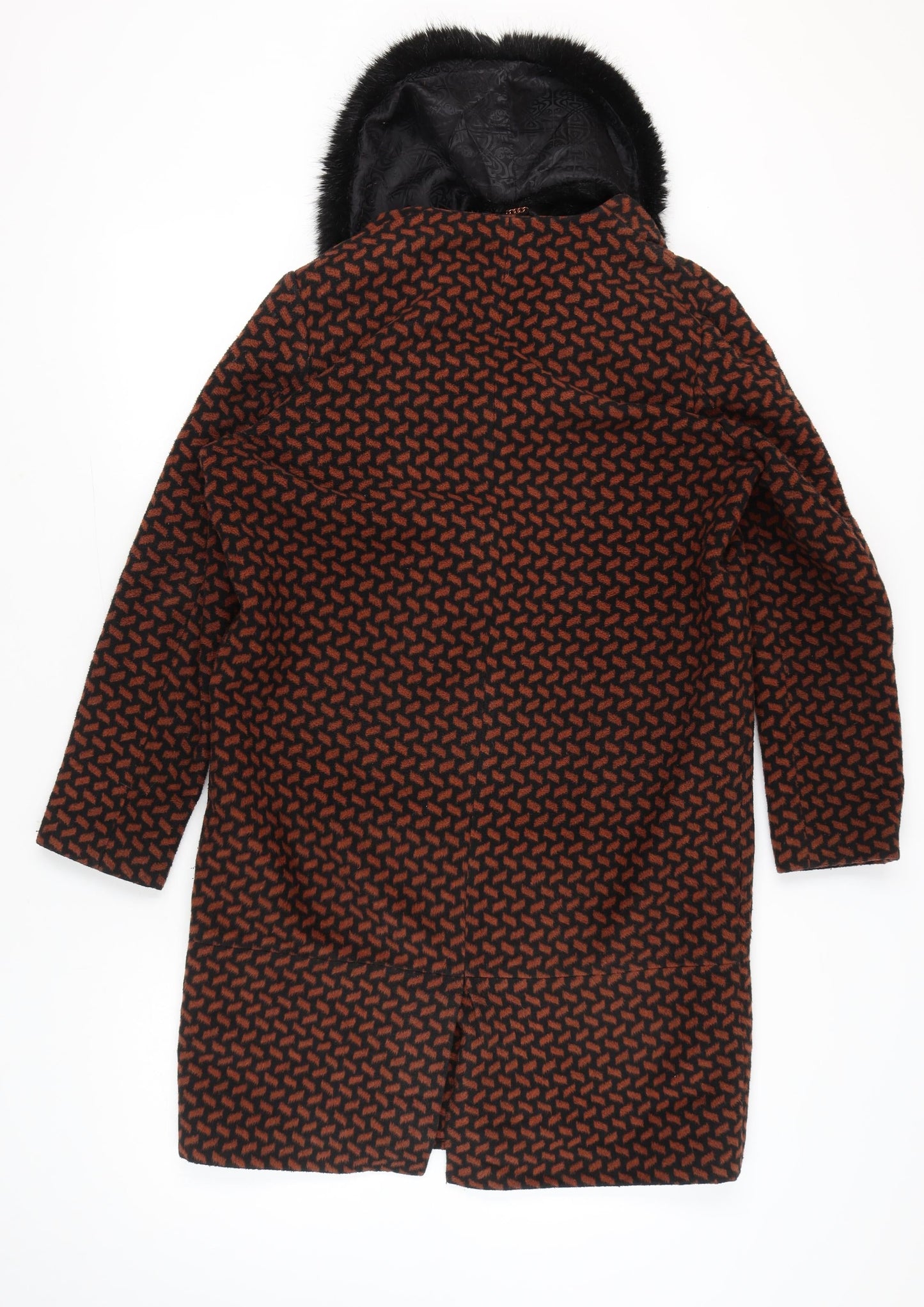 Biba Women's Brown Black Geometric Long Overcoat Size 14 Faux Fur Collar