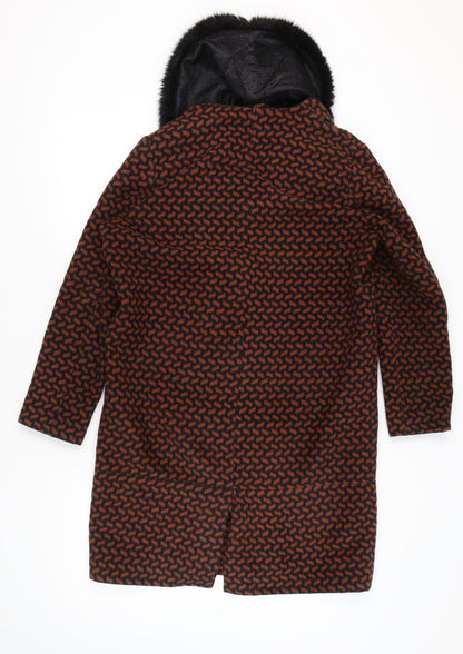 Biba Women's Brown Black Geometric Long Overcoat Size 14 Faux Fur Collar