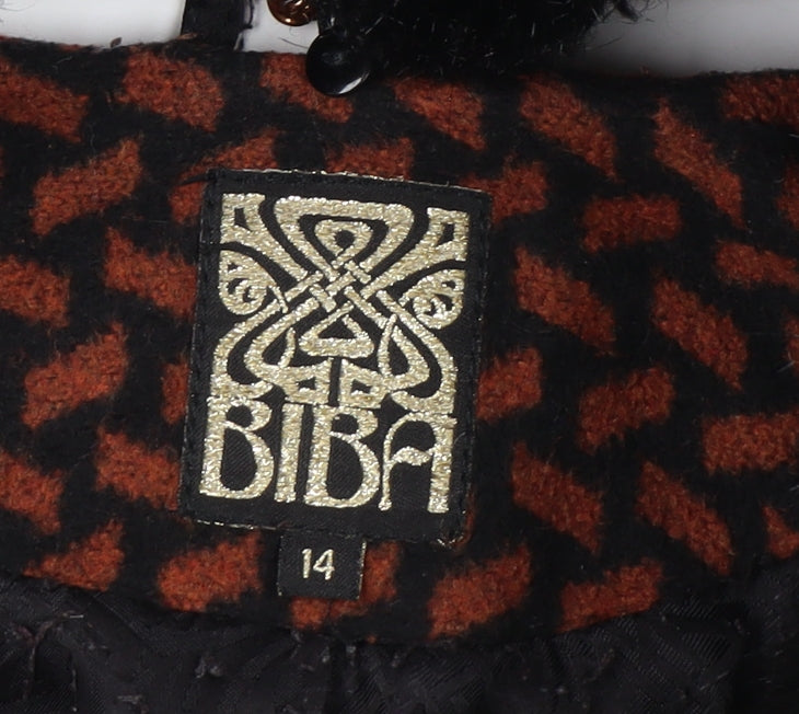 Biba Women's Brown Black Geometric Long Overcoat Size 14 Faux Fur Collar