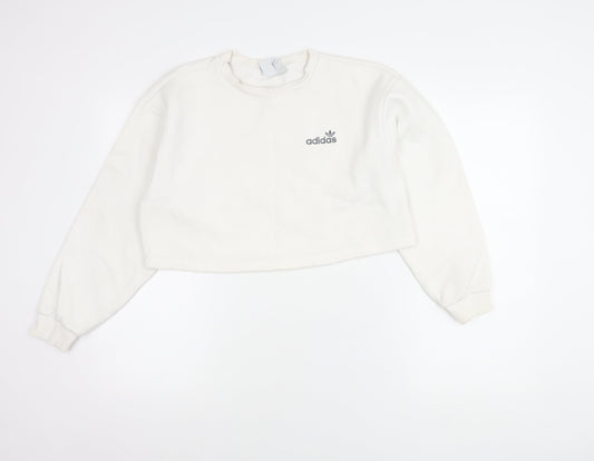 Adidas Women XS White Cropped Sweatshirt Logo Print Long Sleeve