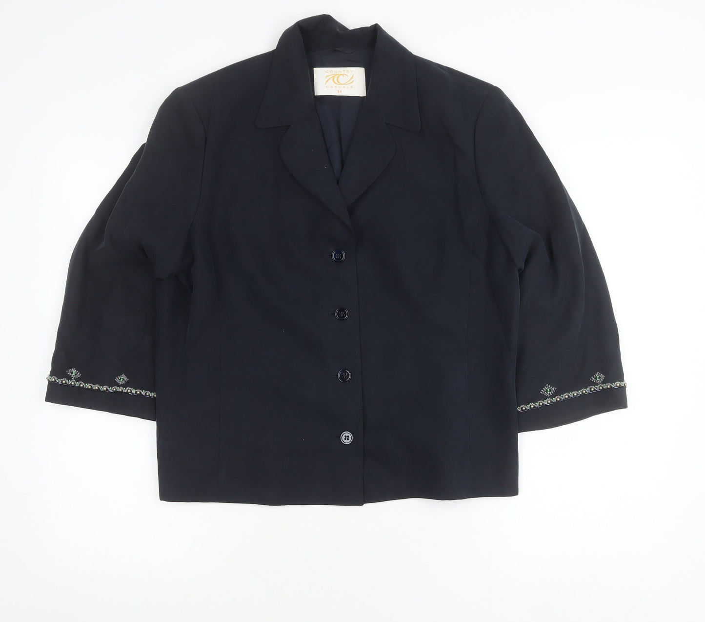 Country Casuals Women’s Blue Silk Suit Jacket Size 14 3/4 Sleeve Formal Blazer