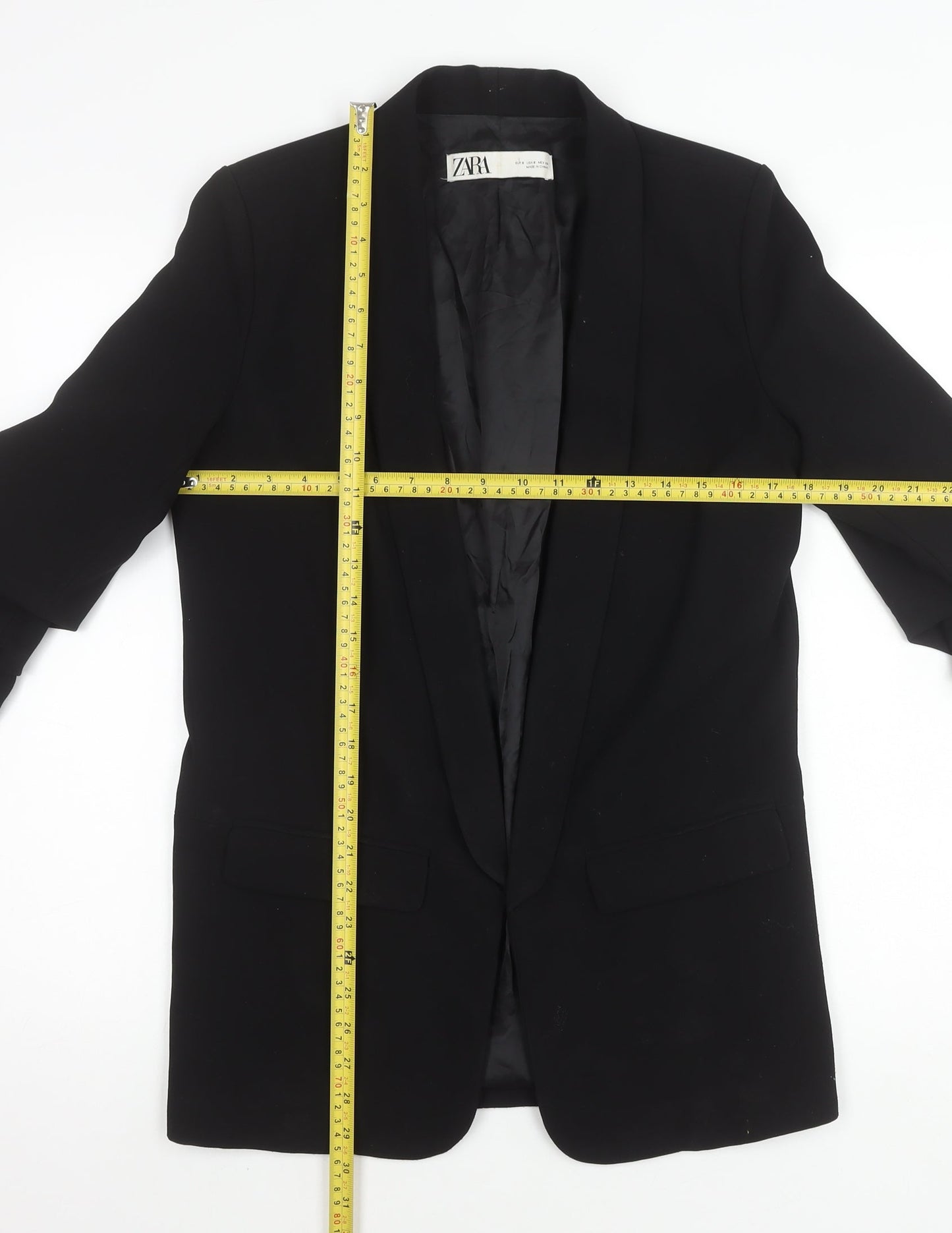 Zara Women Black Shawl Collar Blazer Jacket S Longline Tailored