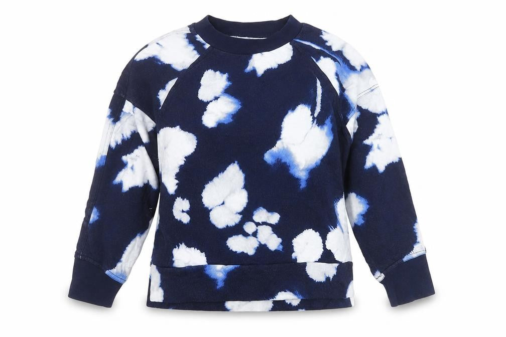 Front view of Kin women’s blue tie dye cotton pullover sweatshirt xs