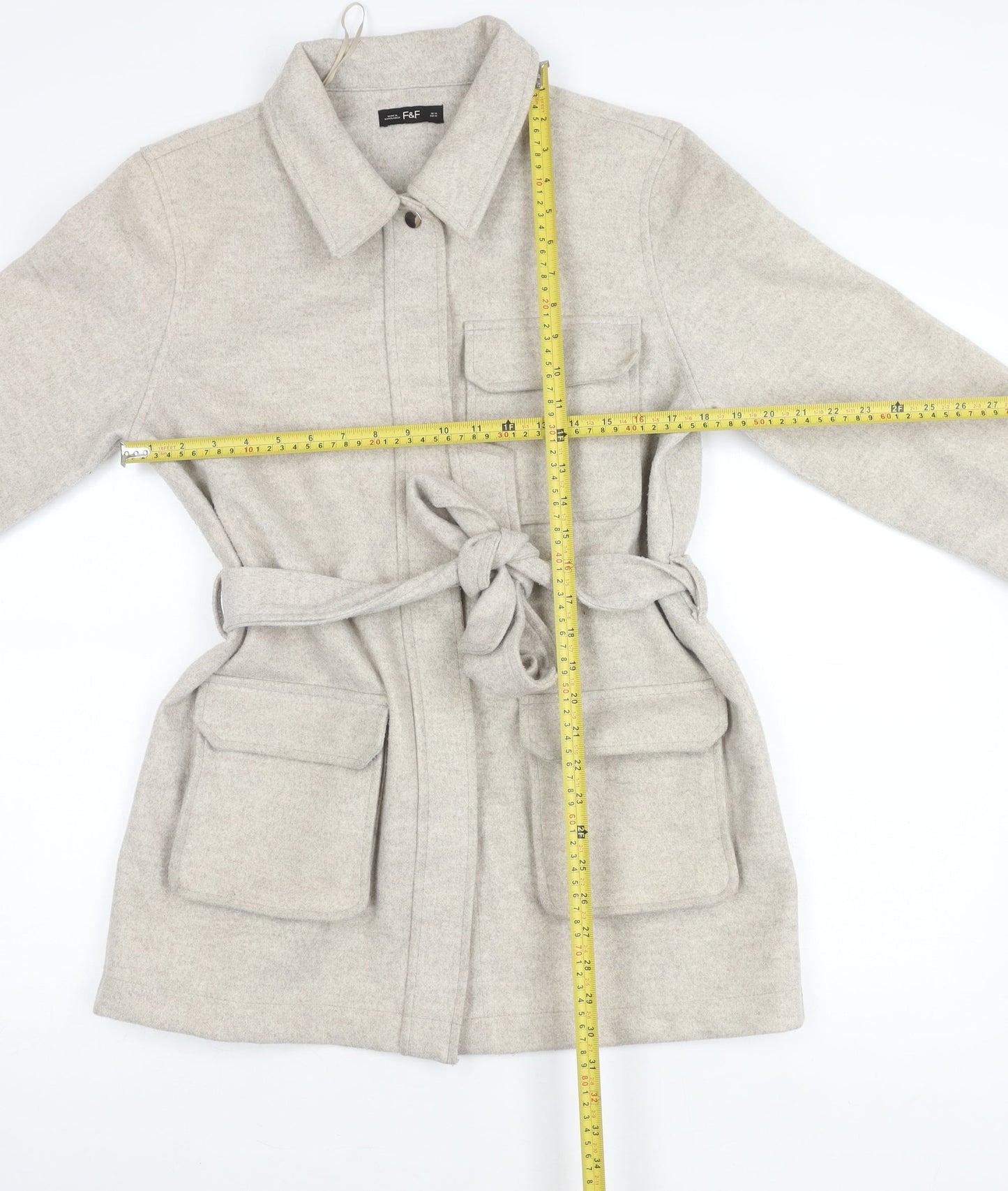 F&F Women’s Beige Belted Mid-Length Coat Size M Polyester Viscose