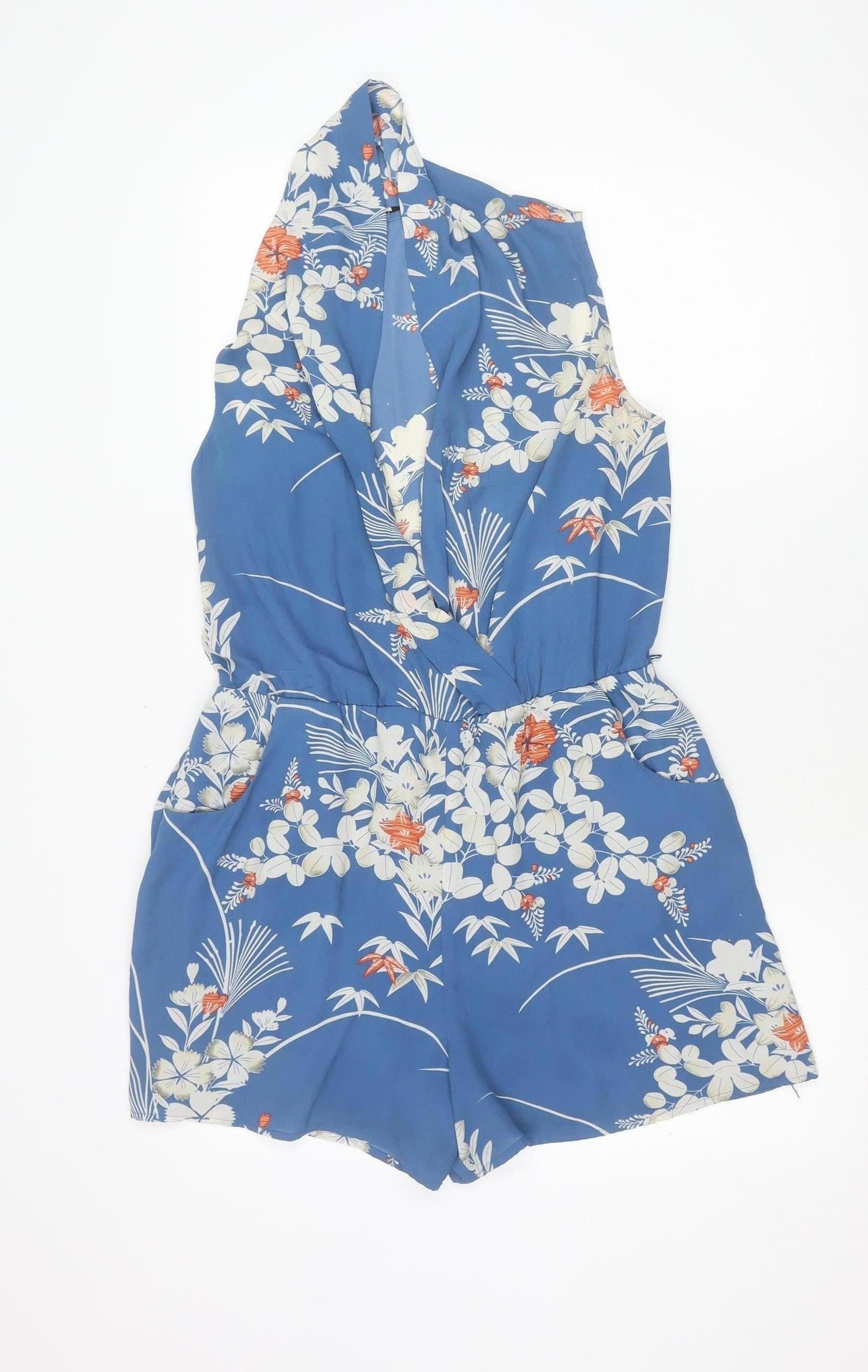 Oasis Womens Blue Floral Sleeveless Halter Neck Playsuit UK 12