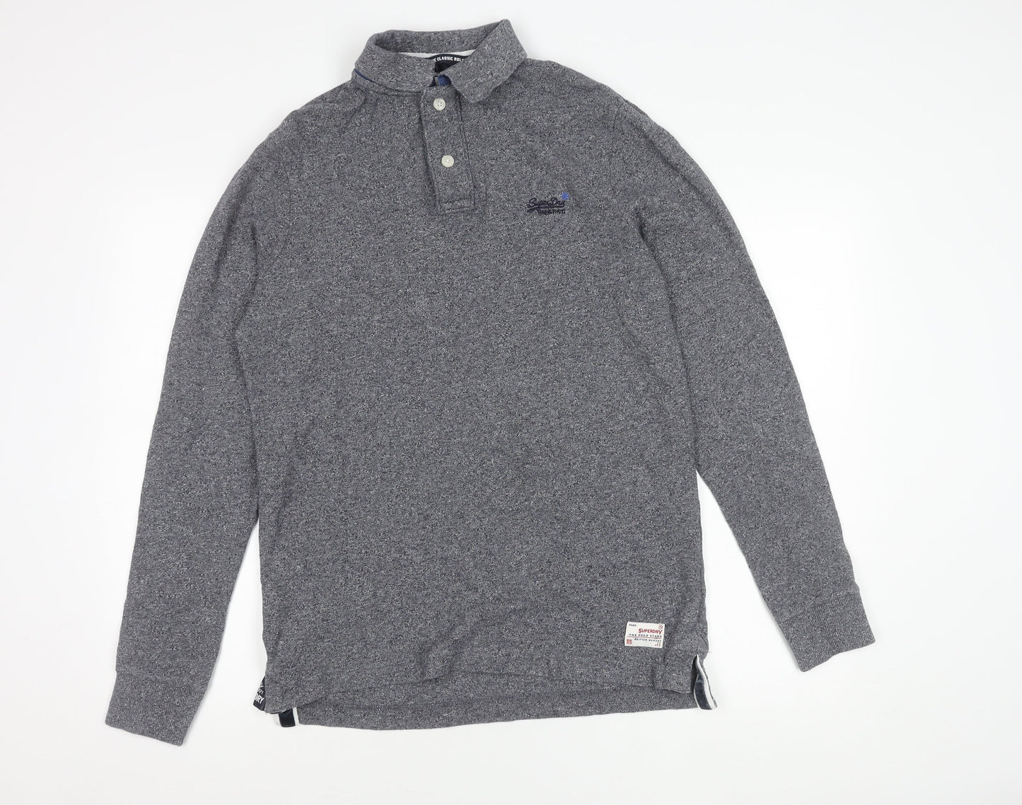 Superdry Mens Grey Classic Long Sleeve Polo Shirt Size L Cotton