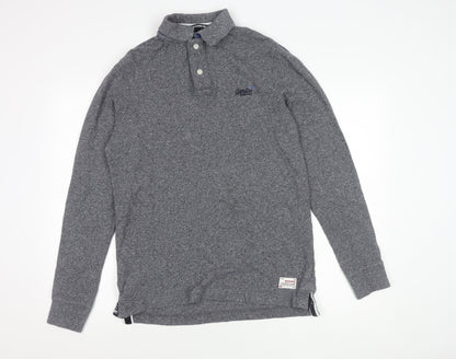 Superdry Mens Grey Classic Long Sleeve Polo Shirt Size L Cotton