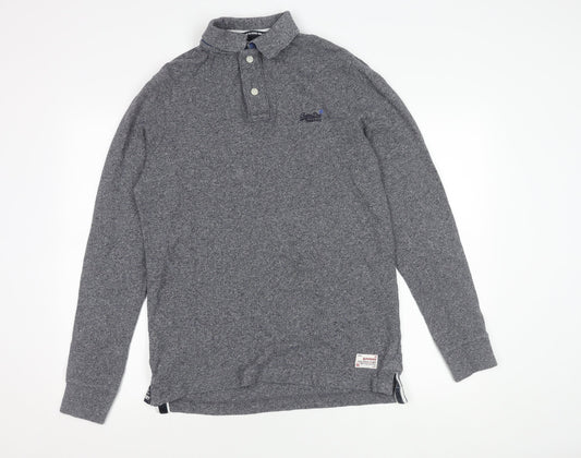 Superdry Mens Grey Classic Long Sleeve Polo Shirt Size L Cotton