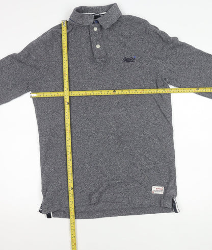 Superdry Mens Grey Classic Long Sleeve Polo Shirt Size L Cotton