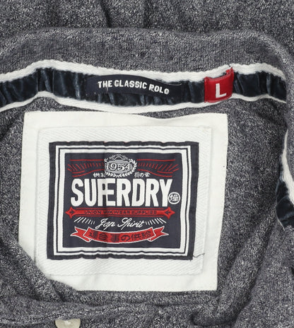 Superdry Mens Grey Classic Long Sleeve Polo Shirt Size L Cotton