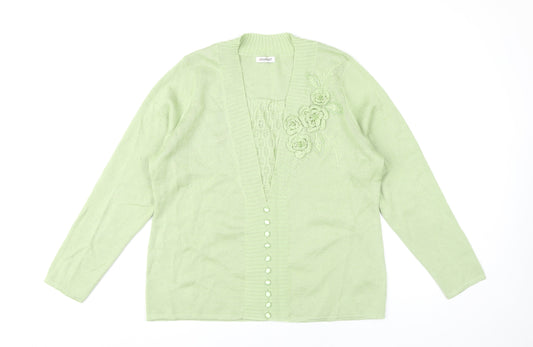 Damart Women's Green Cardigan Size 18 Long Sleeve Floral Embroidered Knit