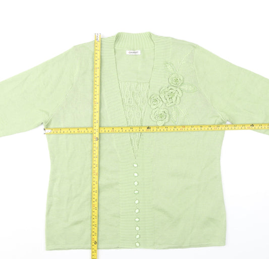 Damart Women's Green Cardigan Size 18 Long Sleeve Floral Embroidered Knit