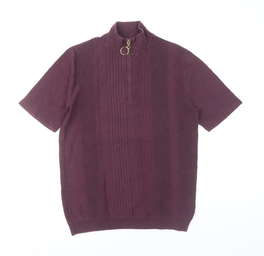 Reiss Men’s Purple Mock Neck Short Sleeve Zip Knit Jumper M