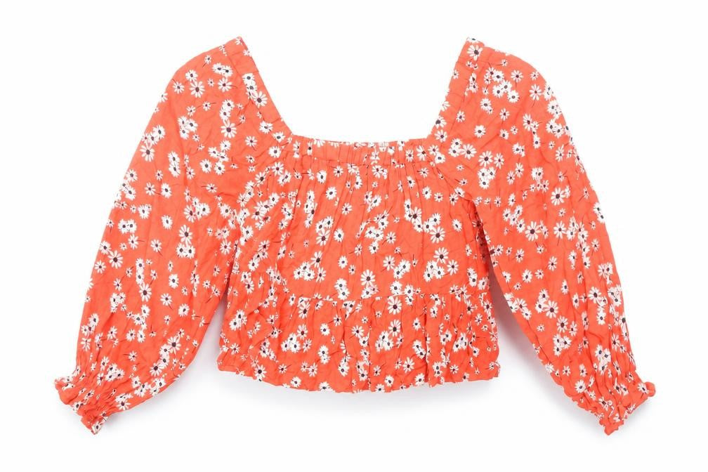 ASOS Women Orange Floral Cropped Blouse Size 8 Long Sleeve