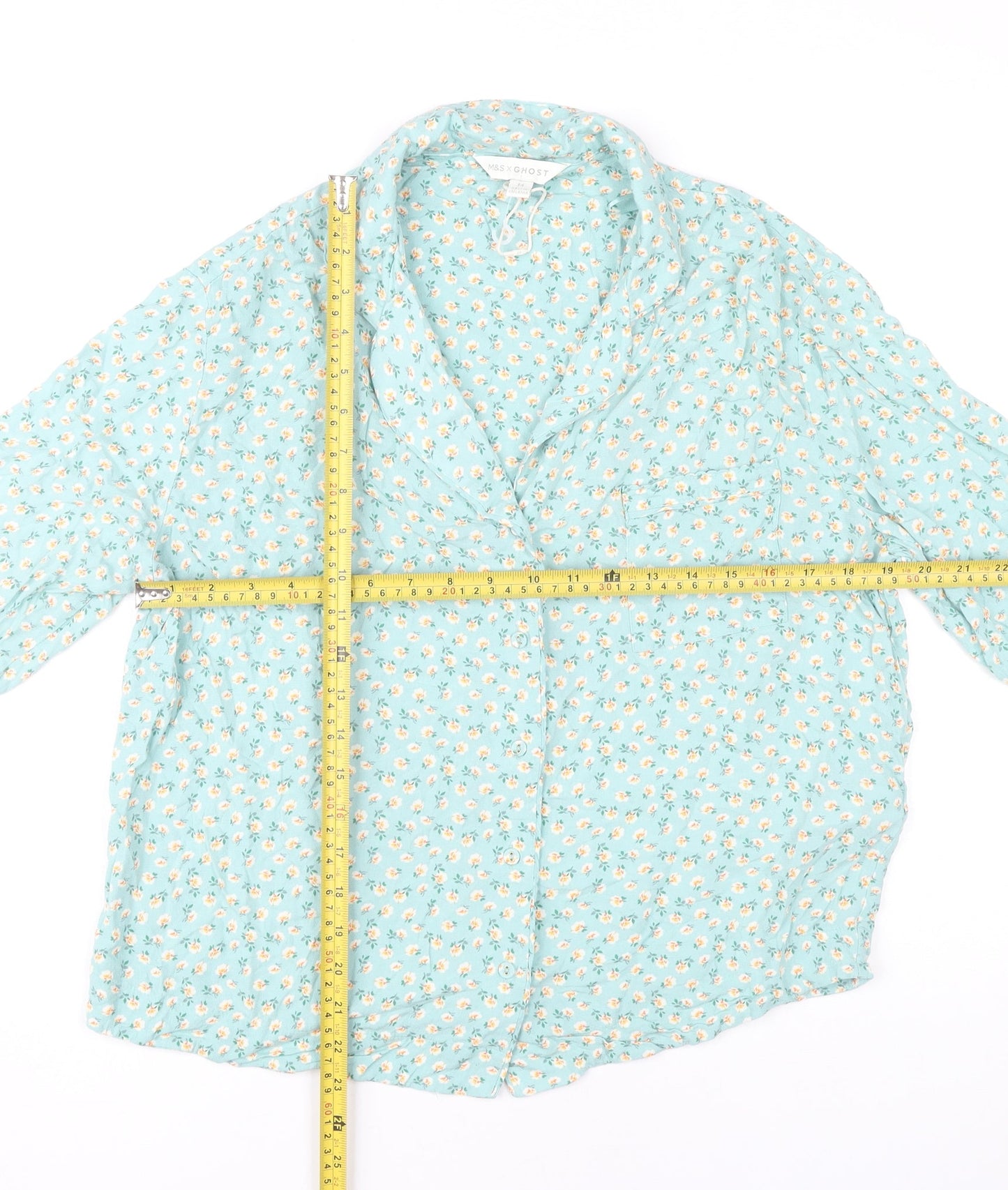 Marks and Spencer Womens Blue Floral Collared Pyjama Shirt Top Size 14