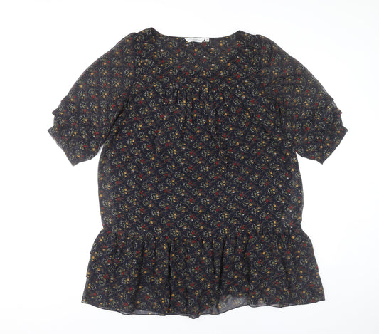 New Look Womens Multicoloured Floral Shift Dress Size 10 Ruffle Hem
