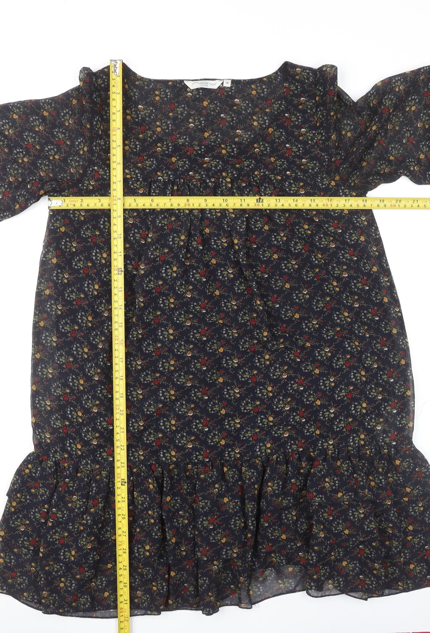 New Look Womens Multicoloured Floral Shift Dress Size 10 Ruffle Hem