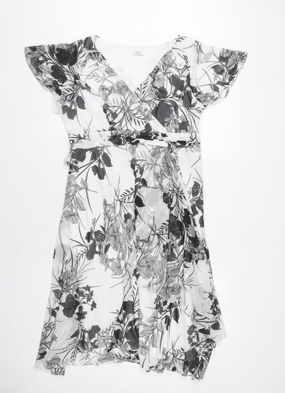 BHS Women’s Petite Black White Floral Wrap Dress Size 16 Knee Length