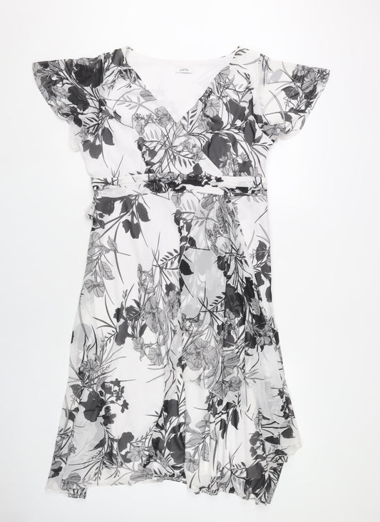 BHS Women’s Petite Black White Floral Wrap Dress Size 16 Knee Length