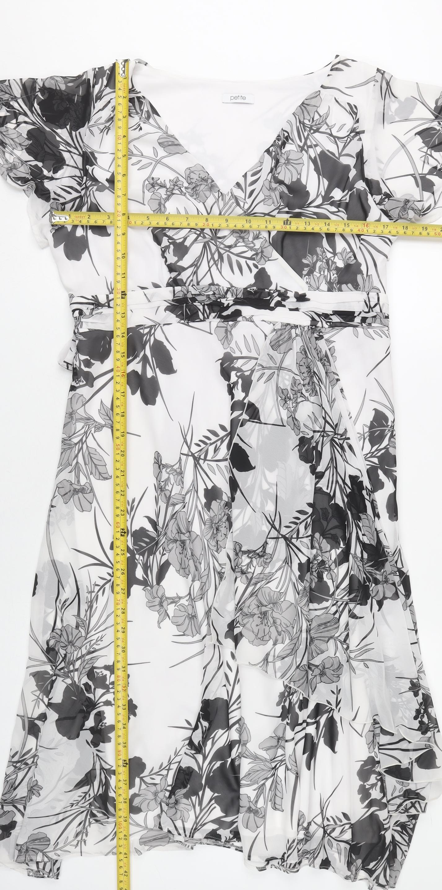 BHS Women’s Petite Black White Floral Wrap Dress Size 16 Knee Length