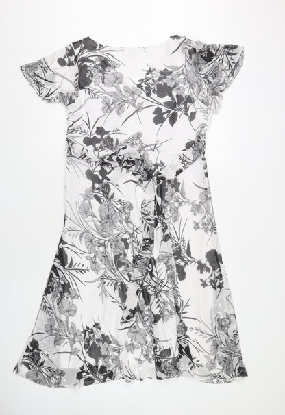 BHS Women’s Petite Black White Floral Wrap Dress Size 16 Knee Length