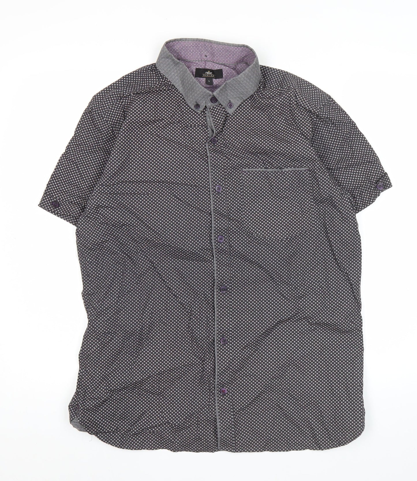 Next Mens Black Geometric Short Sleeve Shirt L Casual Button Up