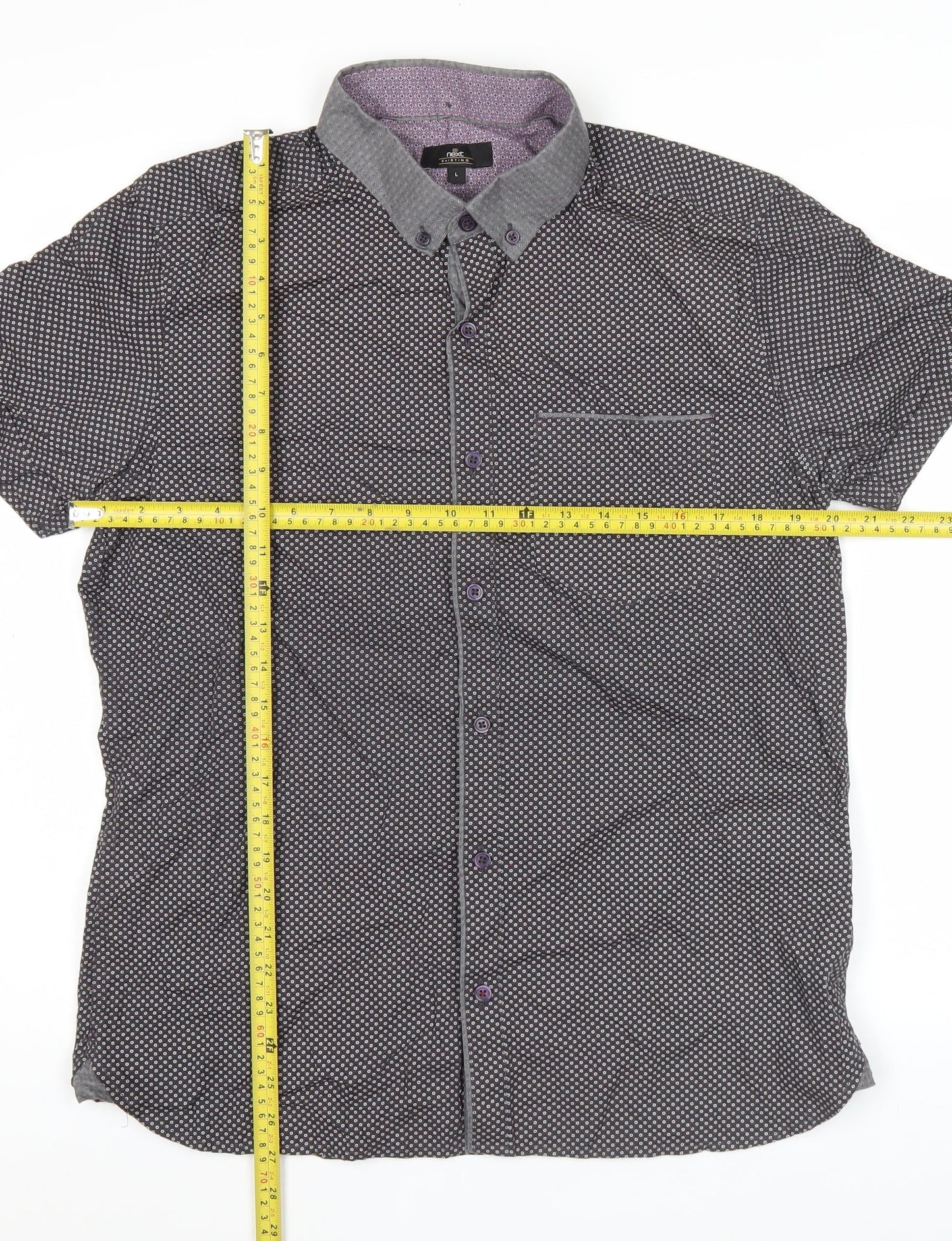 Next Mens Black Geometric Short Sleeve Shirt L Casual Button Up