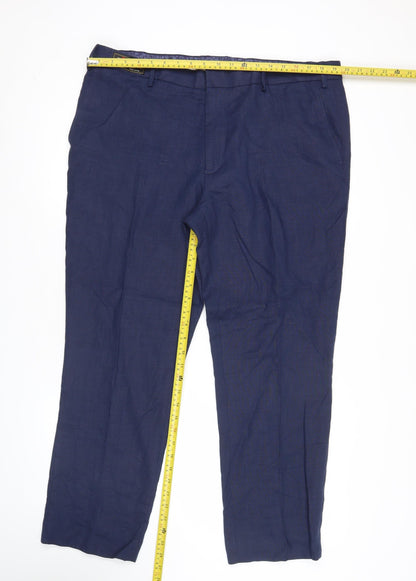 Marks and Spencer Men's Blue Linen Blend Dress Pants 40W 29L Classic Fit