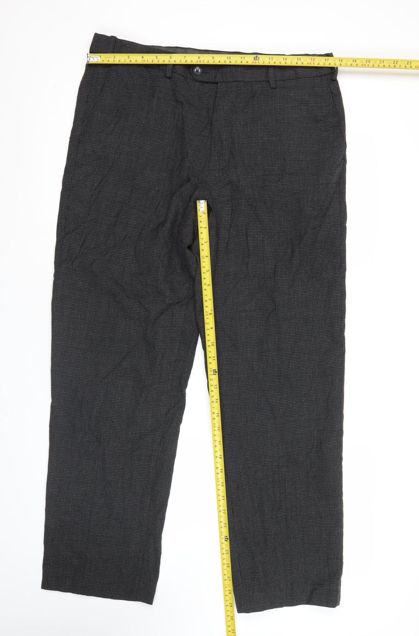 Marks and Spencer Men’s Grey Check Wool Dress Trousers 38W 33L