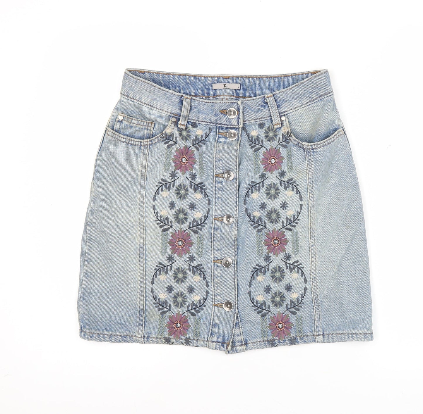 Tu Women’s Blue Denim Floral Embroidered Button Skirt Size 8