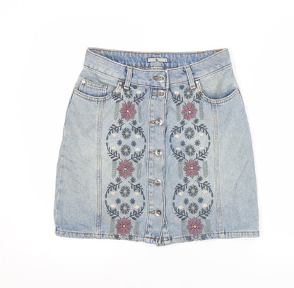 Tu Women’s Blue Denim Floral Embroidered Button Skirt Size 8