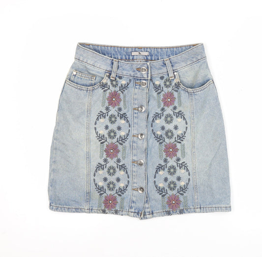 Tu Women’s Blue Denim Floral Embroidered Button Skirt Size 8