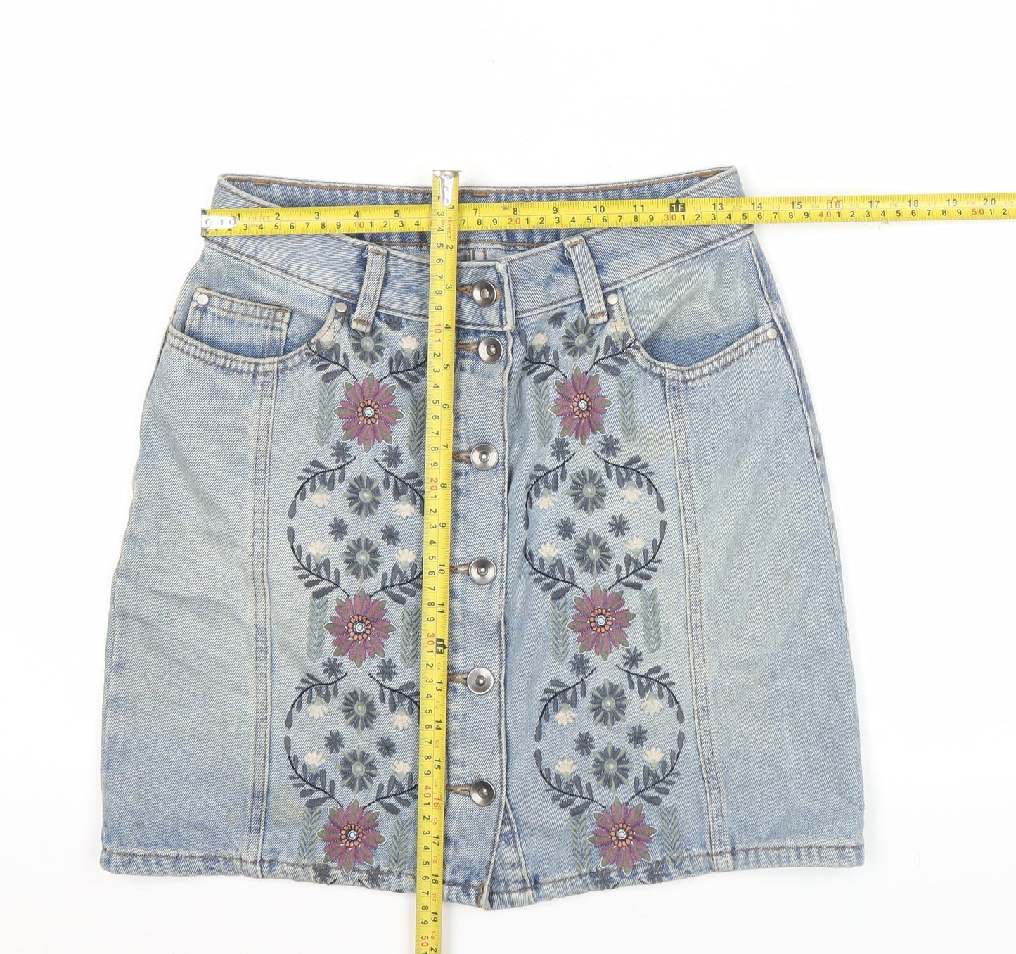 Tu Women’s Blue Denim Floral Embroidered Button Skirt Size 8