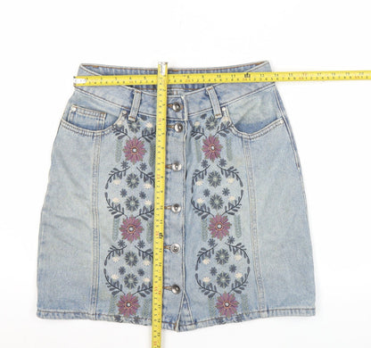 Tu Women’s Blue Denim Floral Embroidered Button Skirt Size 8