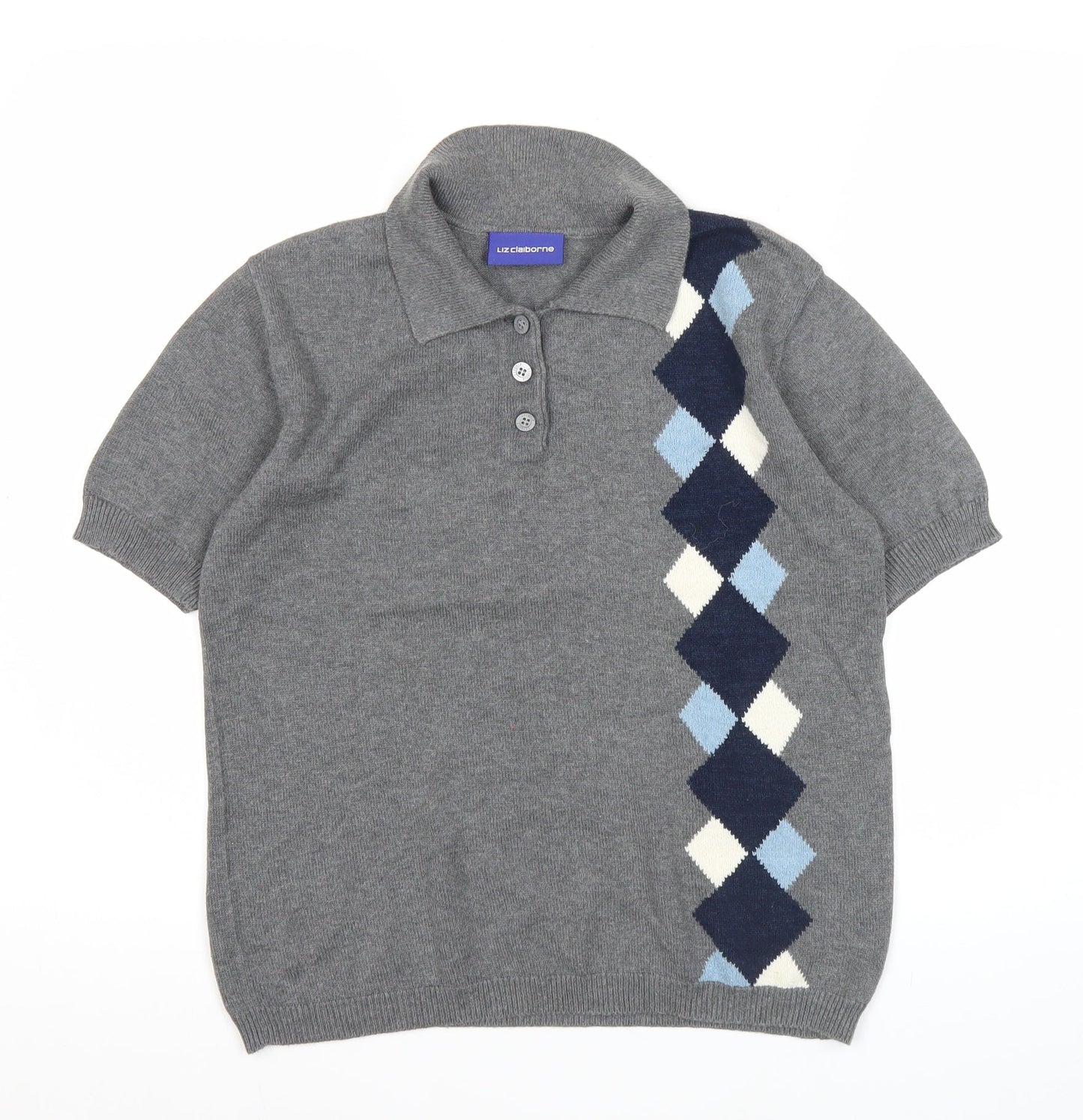 Liz Claiborne Womens Grey Argyle Collared Henley Jumper Size S