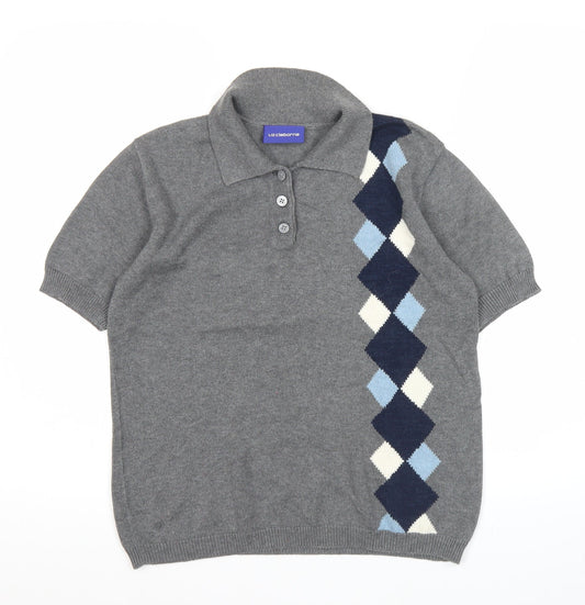 Liz Claiborne Womens Grey Argyle Collared Henley Jumper Size S