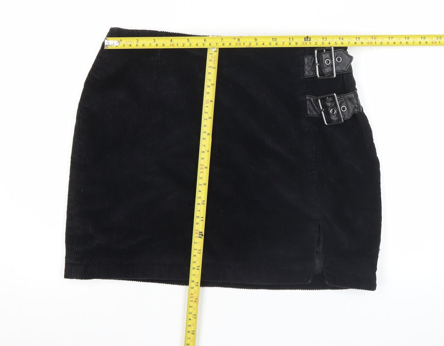 Lola Skye Womens Black Corduroy Buckle Short Pencil Skirt UK 12