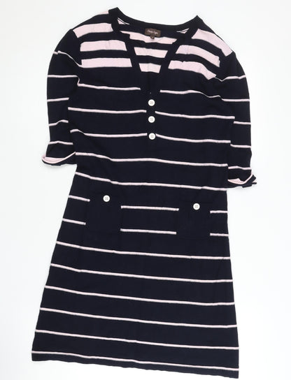 Phase Eight Women’s Blue Striped Shift Dress Size 12 V-Neck Cotton Blend