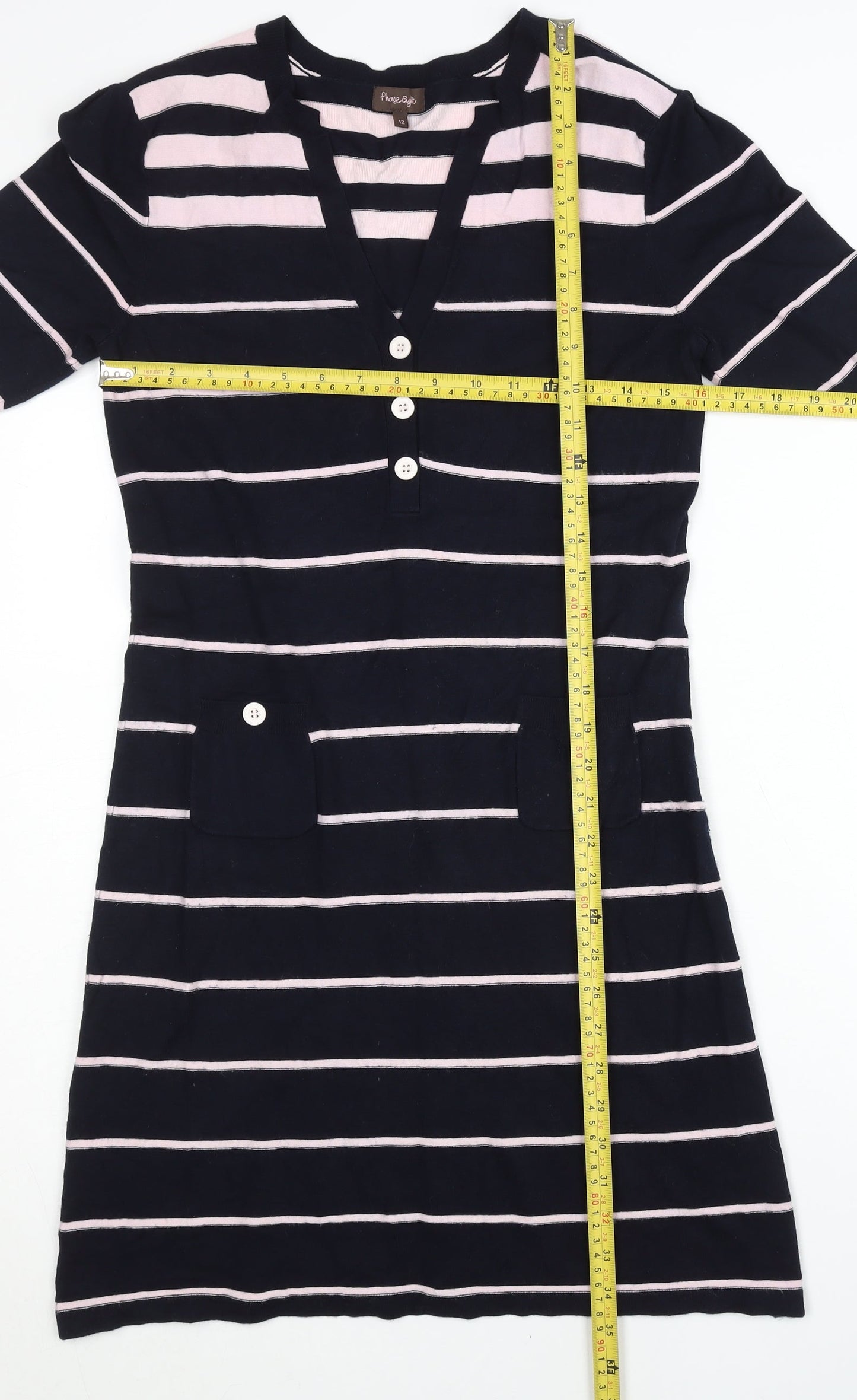 Phase Eight Women’s Blue Striped Shift Dress Size 12 V-Neck Cotton Blend