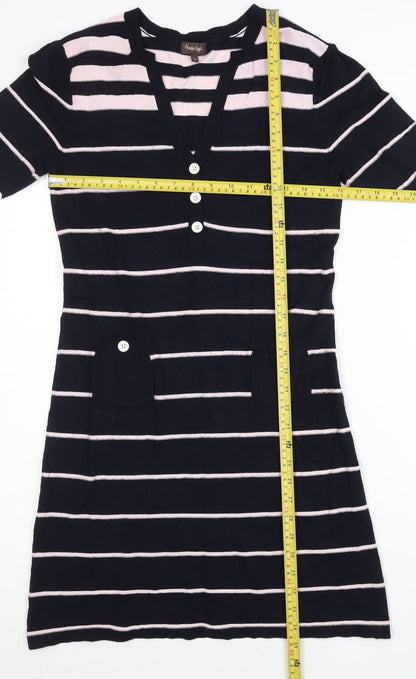 Phase Eight Women’s Blue Striped Shift Dress Size 12 V-Neck Cotton Blend