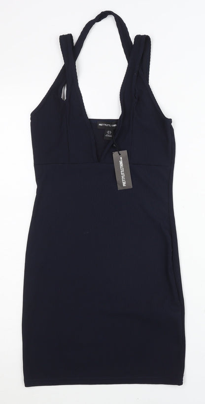 PrettyLittleThing Women Black Size 8 Bodycon Mini V-Neck Dress